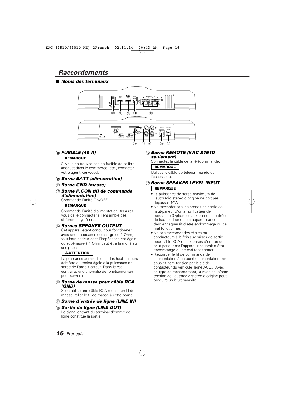 Raccordements | Kenwood KAC-8101D User Manual | Page 16 / 32