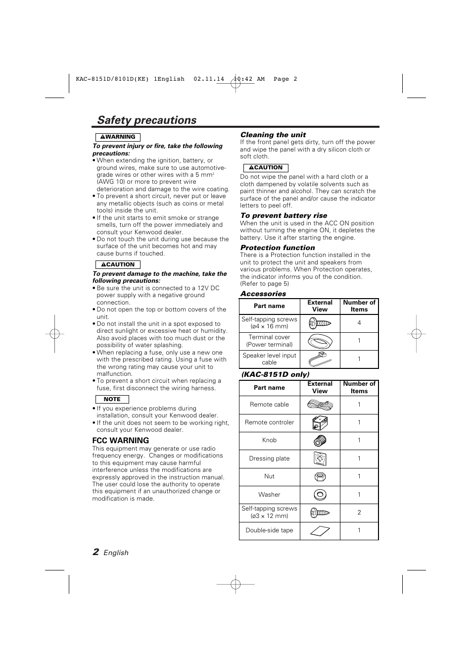 Mono power amplifier instruction manual, Safety precautions, Fcc warning | Kenwood KAC-8101D User Manual | Page 2 / 32