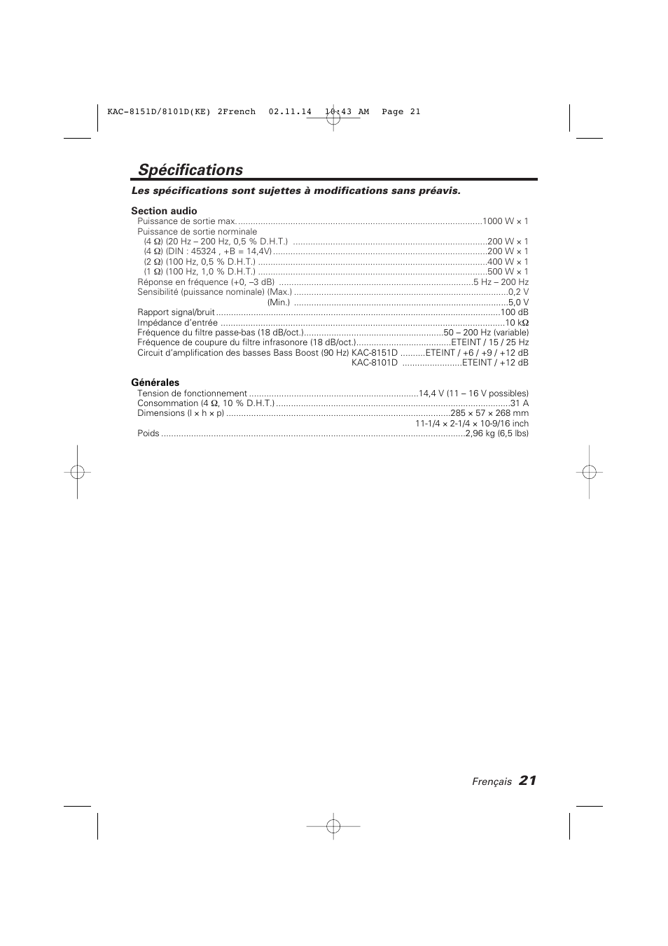 Specifications, Spécifications | Kenwood KAC-8101D User Manual | Page 21 / 32
