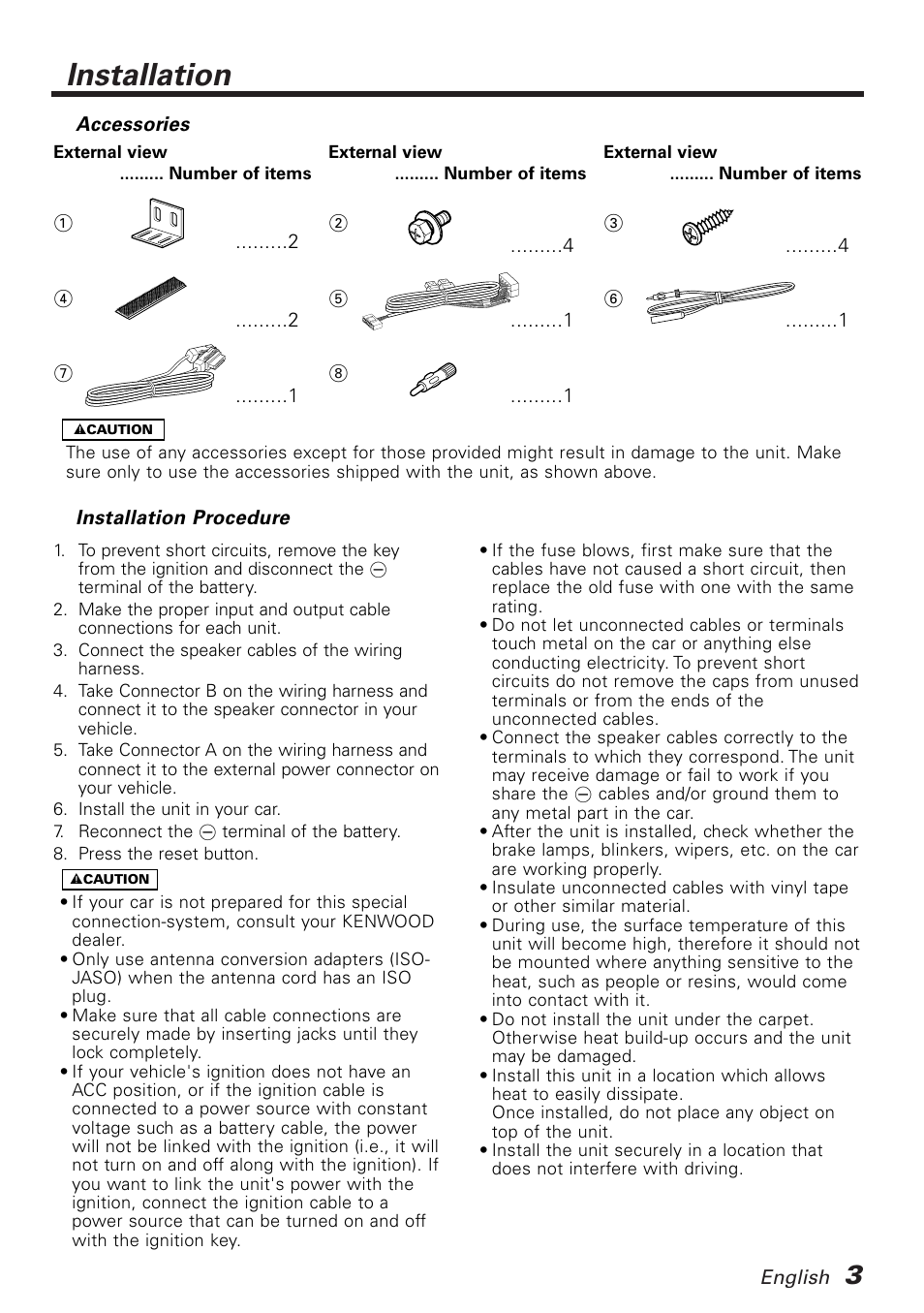 Installation, Accessories, Installation procedure | Kenwood KTC-1000R User Manual | Page 3 / 10