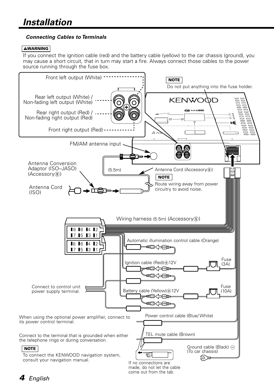 Connecting cables to terminals, Installation, English | Wiring harness, Connector b connector a | Kenwood KTC-1000R User Manual | Page 4 / 10