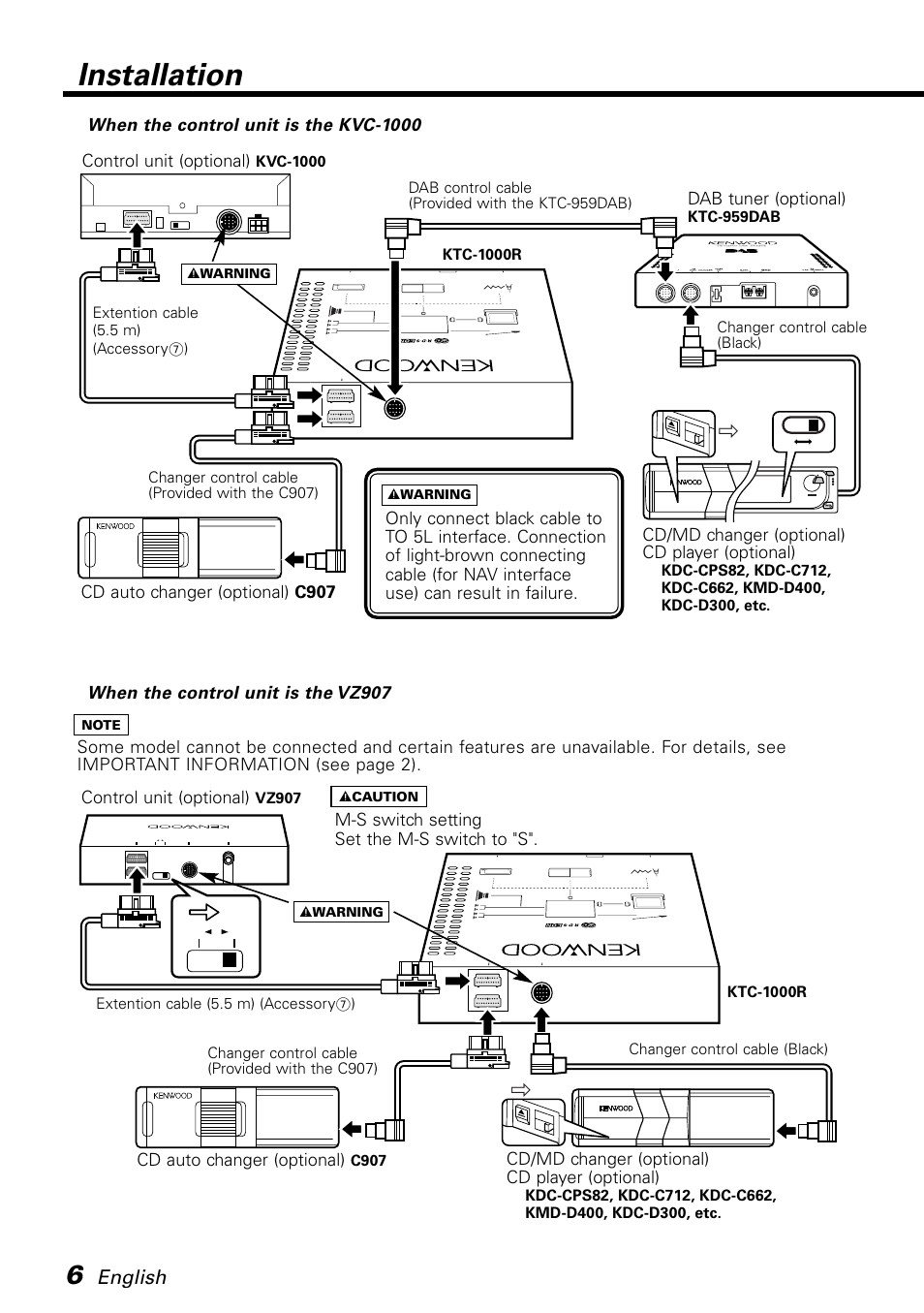 When the control unit is the kvc-1000, When the control unit is the vz907, Installation | Gs h, English, Control unit (optional), M-s switch setting set the m-s switch to "s, Cd/md changer (optional) cd player (optional), Cd auto changer (optional) c907, Cd auto changer (optional) | Kenwood KTC-1000R User Manual | Page 6 / 10