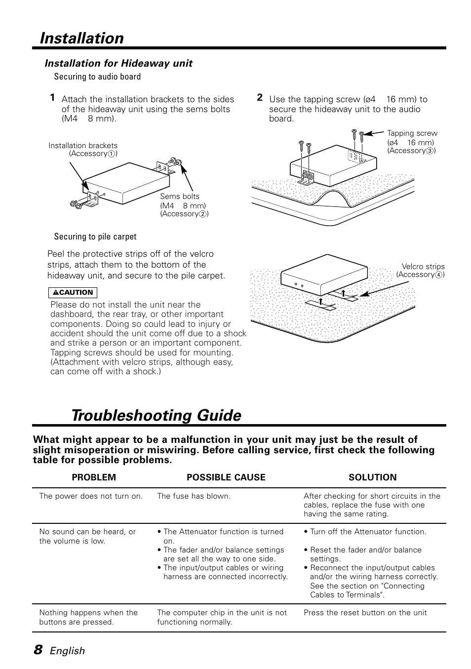 Installation for hideaway unit, Securing to audio board, Securing to pile carpet | Troubleshooting guide, Installation | Kenwood KTC-1000R User Manual | Page 8 / 10