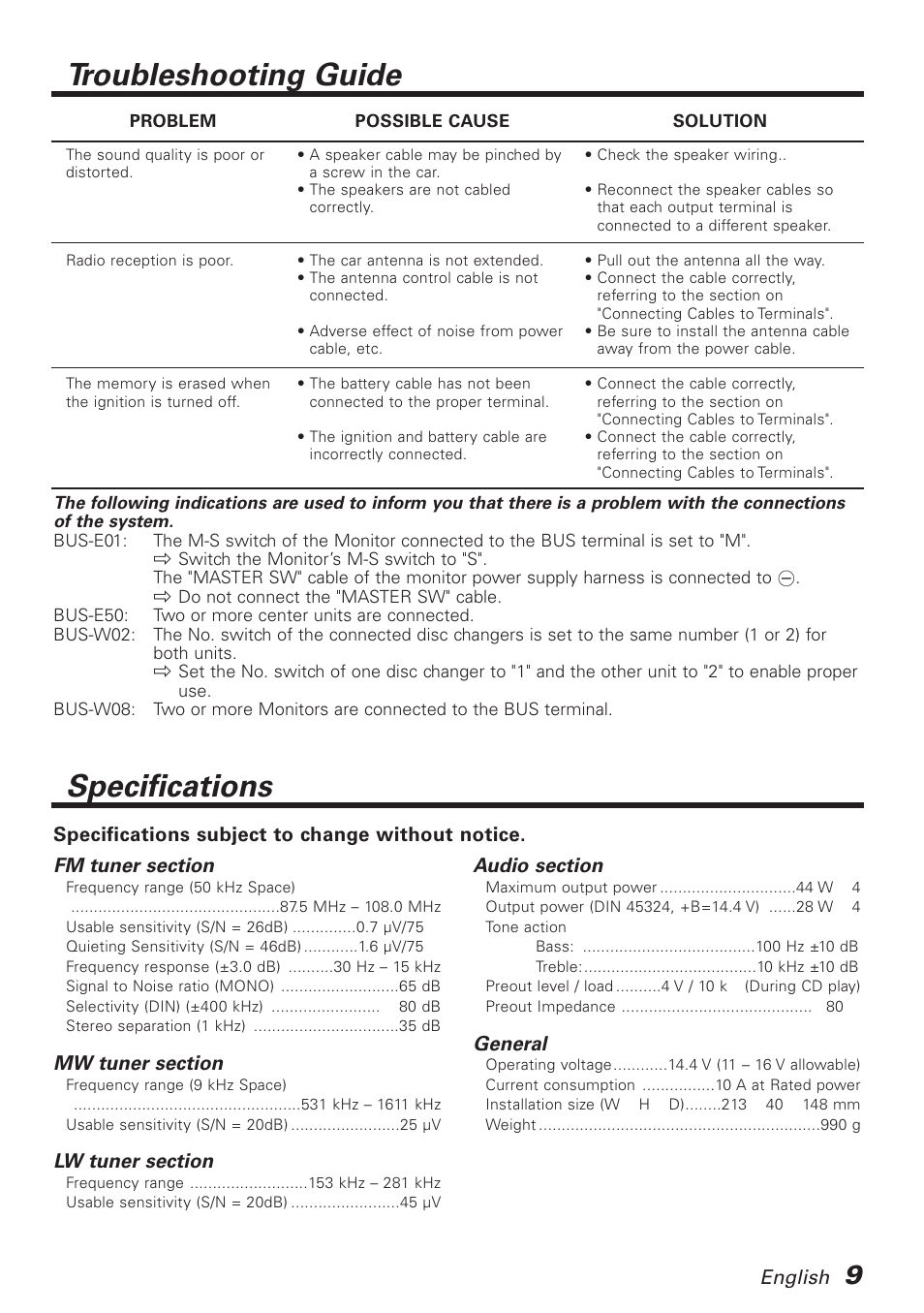 Specifications, Troubleshooting guide, English | General, Specifications subject to change without notice | Kenwood KTC-1000R User Manual | Page 9 / 10