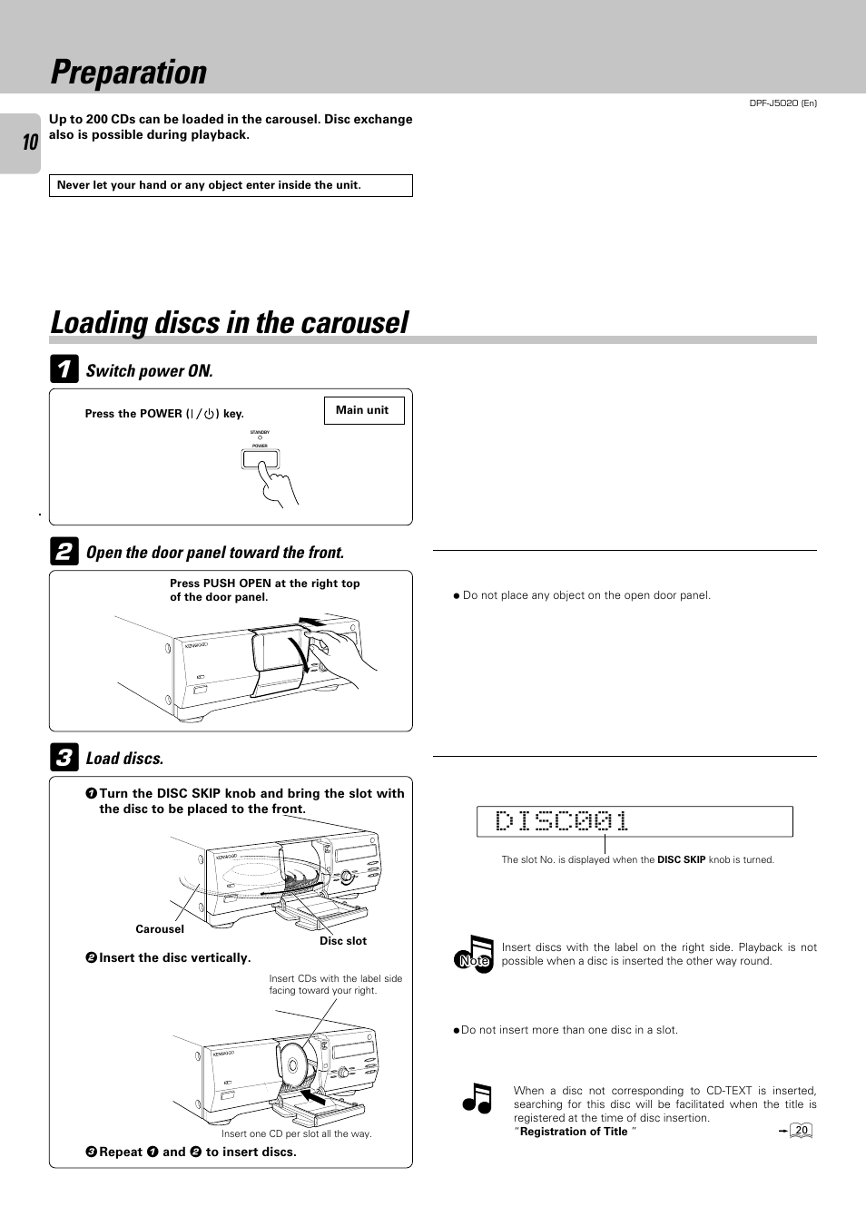 Preparation, Loading discs in the carousel | Kenwood DPF-J5020 User Manual | Page 10 / 32