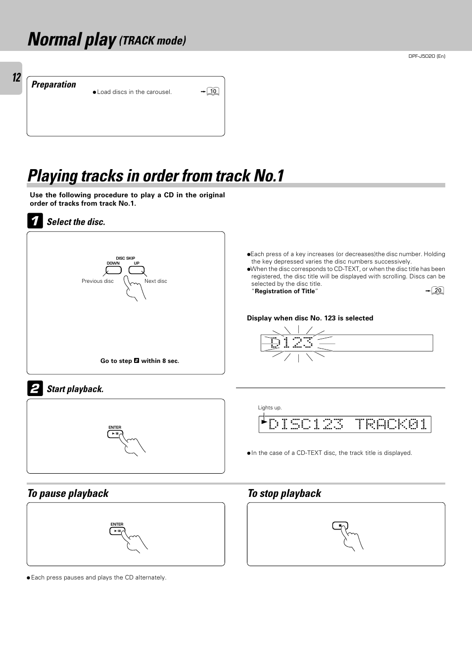 Normal play (track mode), Playing tracks in order from track no.1, Normal play | Track mode) | Kenwood DPF-J5020 User Manual | Page 12 / 32