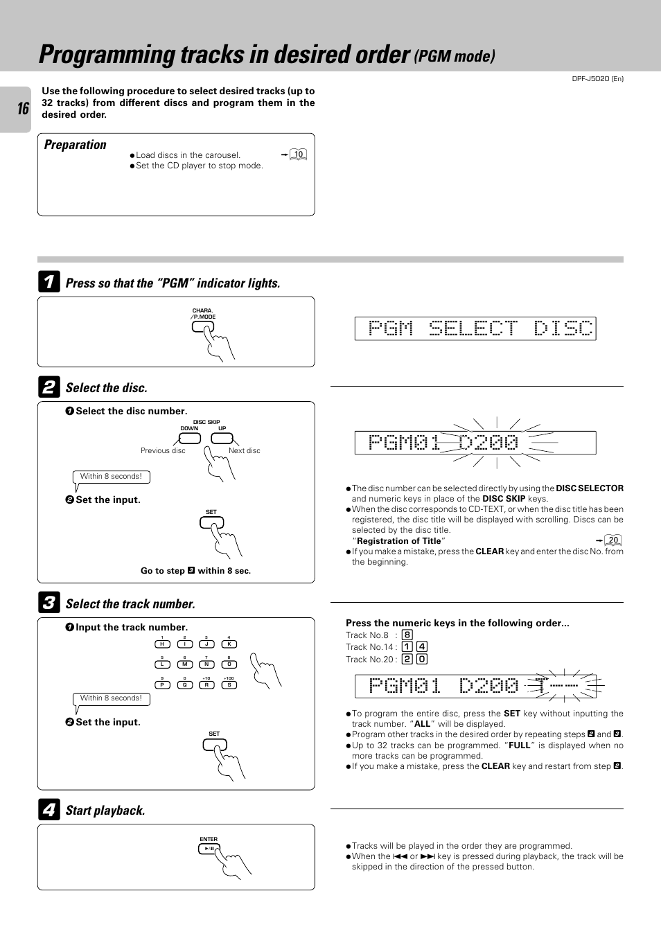 Programming tracks in desired order (pgm mode), Programming tracks in desired order, Pgm mode) | Kenwood DPF-J5020 User Manual | Page 16 / 32