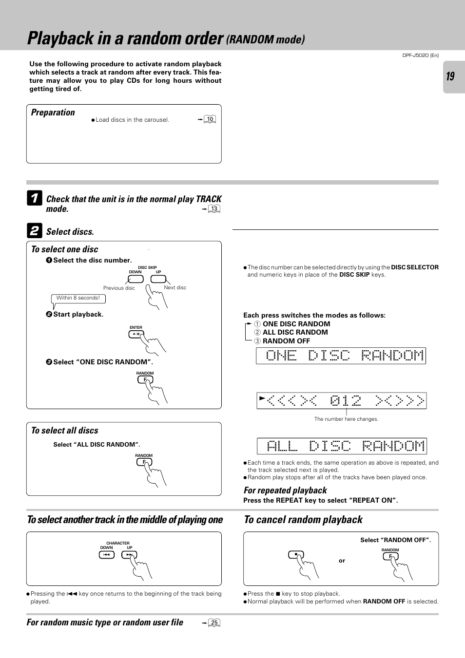 Playback in a random order (random mode), Playback in a random order, Random mode) | Kenwood DPF-J5020 User Manual | Page 19 / 32