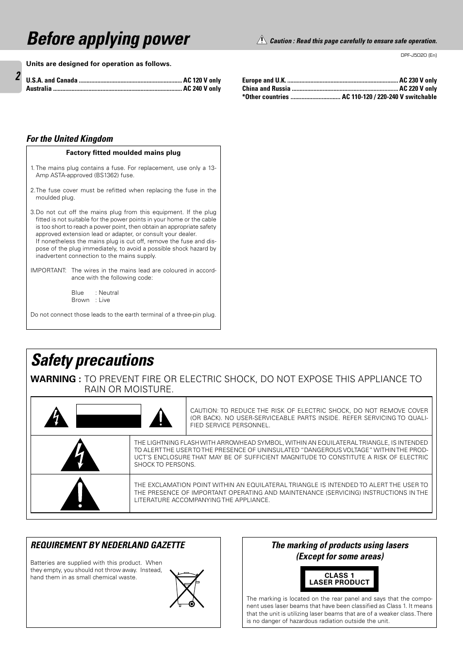 Before applying power, Safety precautions, For the united kingdom | Kenwood DPF-J5020 User Manual | Page 2 / 32