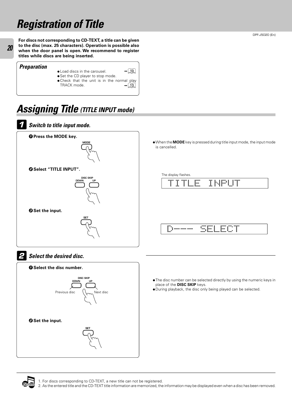 Registration of title, Assigning title (title input mode), Assigning title | Kenwood DPF-J5020 User Manual | Page 20 / 32