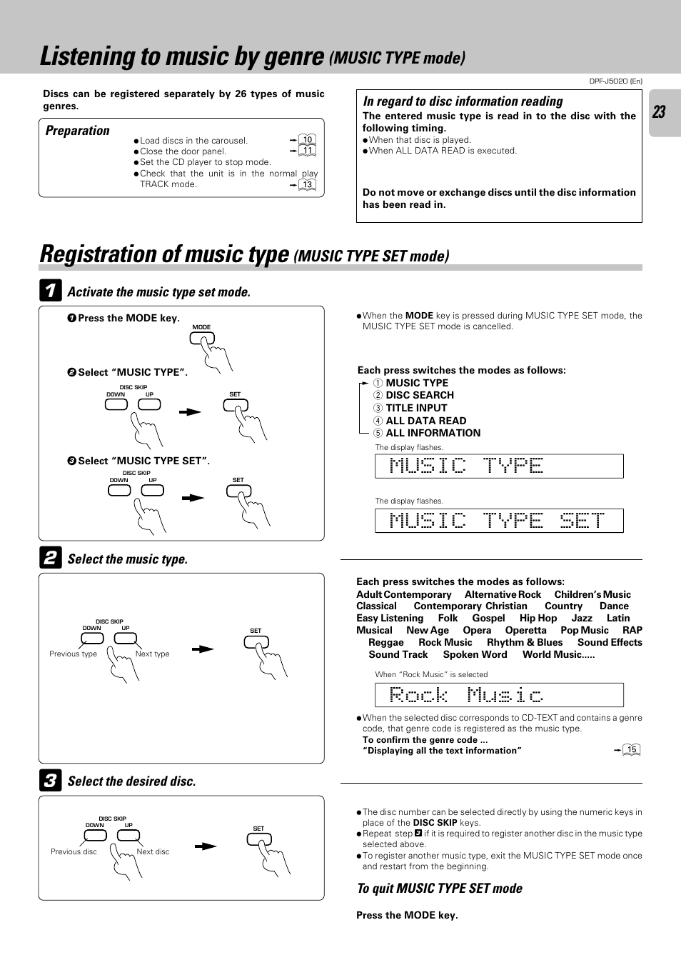 Listening to music by genre (music type mode), Registration of music type (music type set mode), Listening to music by genre | Registration of music type, Music type mode), Music type set mode) | Kenwood DPF-J5020 User Manual | Page 23 / 32