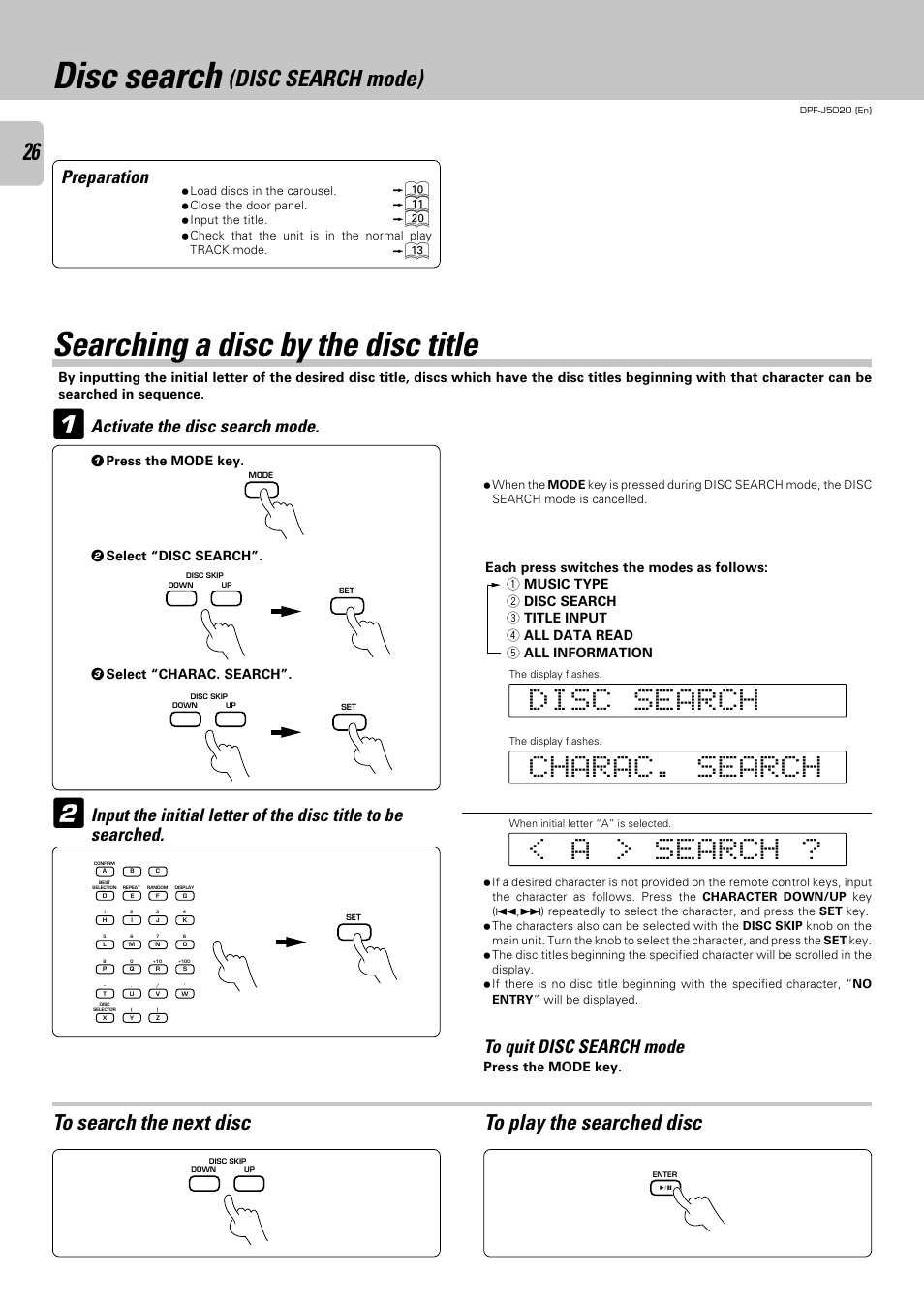 Disc search (disc search mode), Searching a disc by the disc title, Disc search | Disc search mode), Preparation, Activate the disc search mode | Kenwood DPF-J5020 User Manual | Page 26 / 32