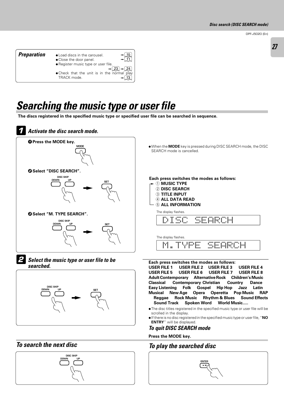 Searching the music type or user file | Kenwood DPF-J5020 User Manual | Page 27 / 32