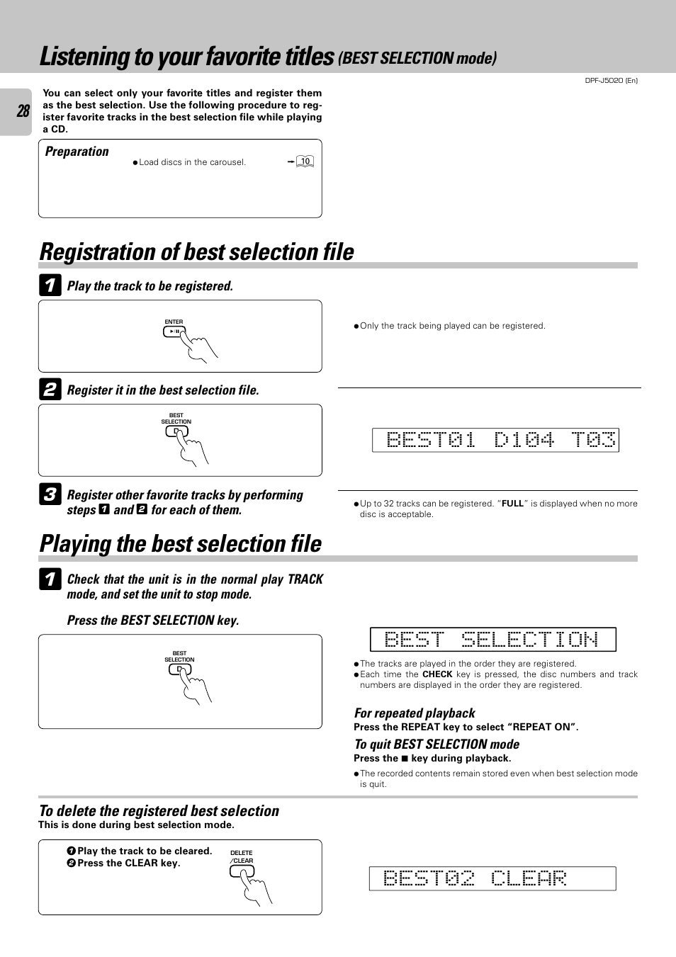 Registration of best selection file, Playing the best selection file, Listening to your favorite titles | Kenwood DPF-J5020 User Manual | Page 28 / 32