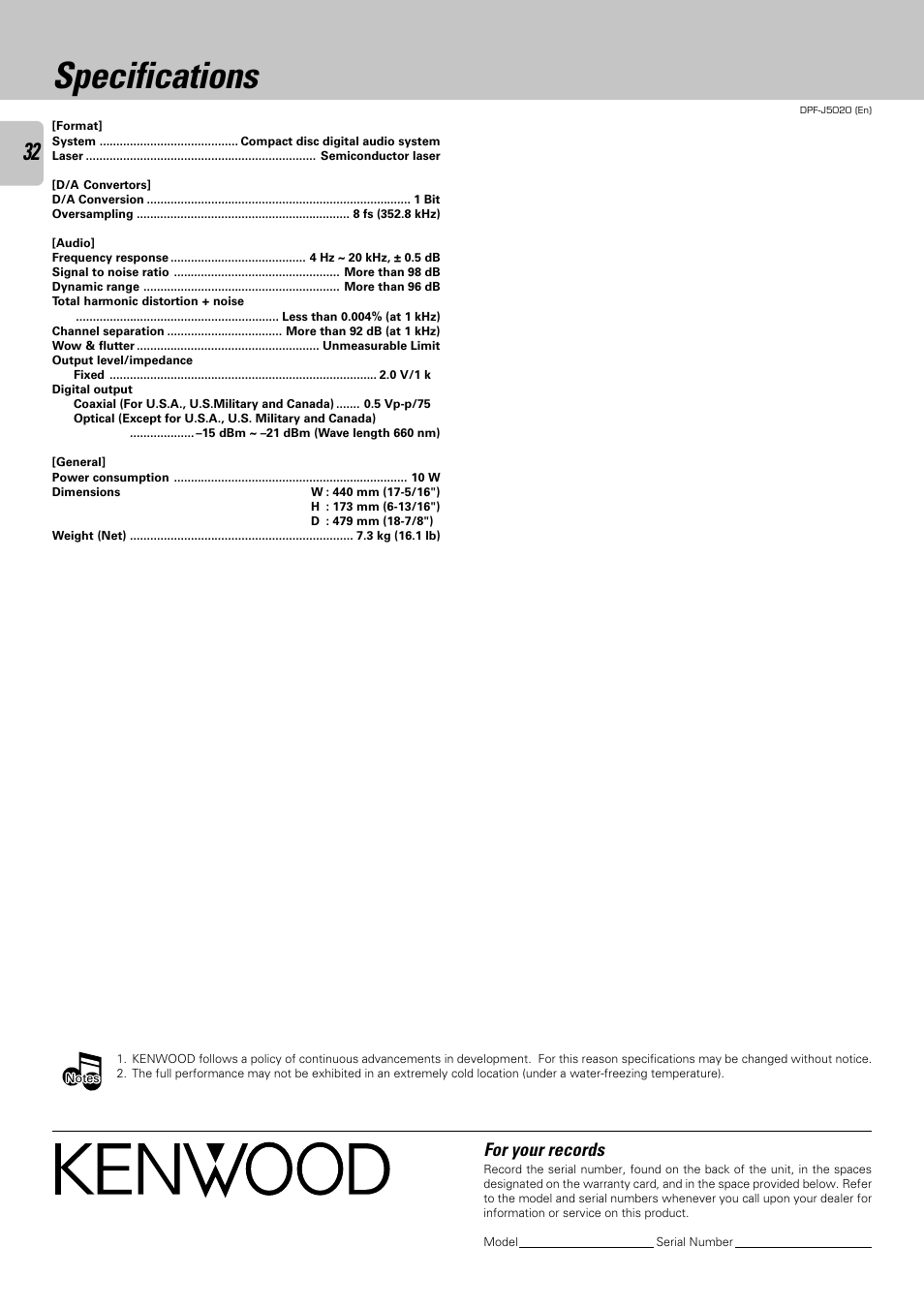 Specifications, For your records | Kenwood DPF-J5020 User Manual | Page 32 / 32