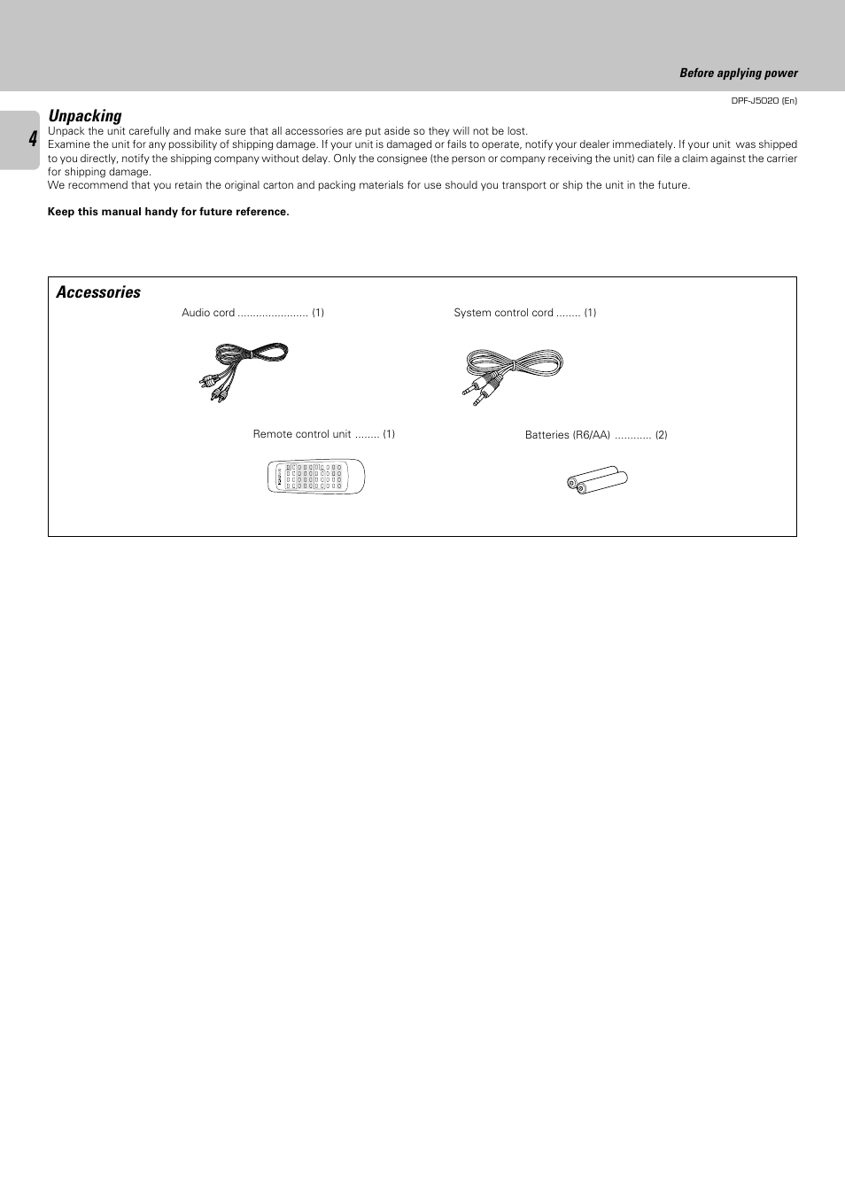 Unpacking, Accessories | Kenwood DPF-J5020 User Manual | Page 4 / 32