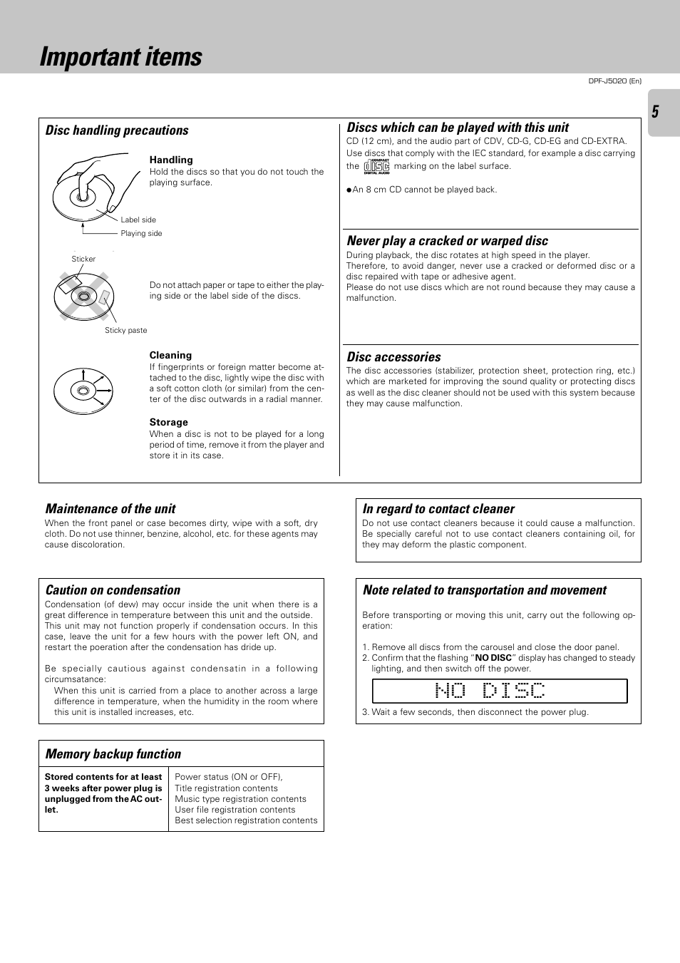 Important items, Discs which can be played with this unit, Disc handling precautions disc accessories | Never play a cracked or warped disc, Caution on condensation, Maintenance of the unit | Kenwood DPF-J5020 User Manual | Page 5 / 32