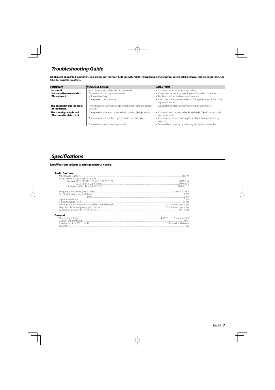 Troubleshooting guide, Specifications | Kenwood KAC-8403 User Manual | Page 7 / 20