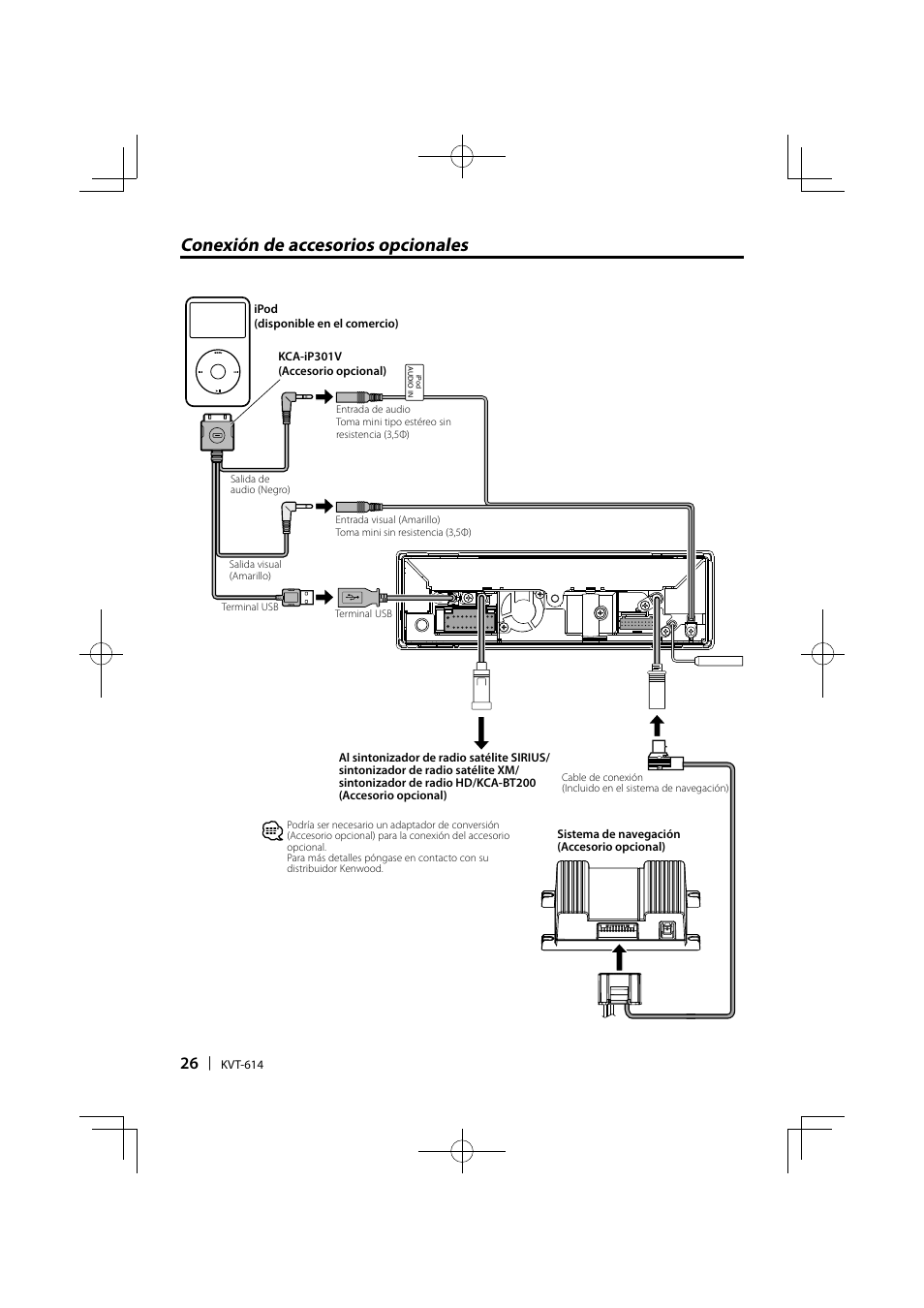 Conexión de accesorios opcionales | Kenwood KVT-614 User Manual | Page 26 / 32