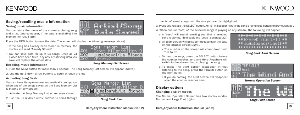 Display options, Saving/recalling music information | Kenwood KTC-H2A1 User Manual | Page 12 / 19