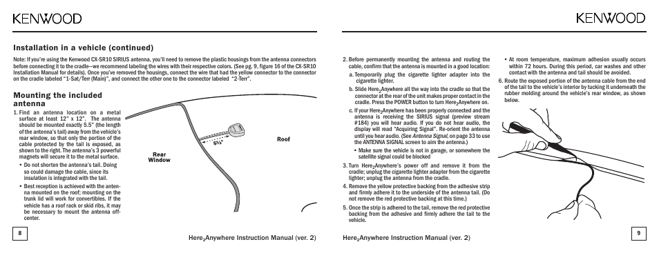 Installation in a vehicle (continued), Mounting the included antenna | Kenwood KTC-H2A1 User Manual | Page 5 / 19