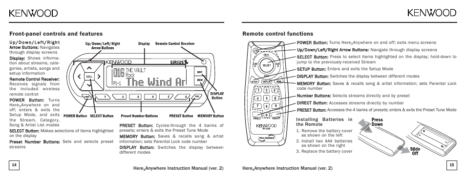 Remote control functions, Front-panel controls and features | Kenwood KTC-H2A1 User Manual | Page 8 / 19