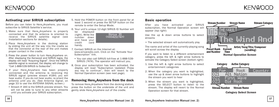 Basic operation, Activating your sirius subscription, Removing here | Anywhere from the dock | Kenwood KTC-H2A1 User Manual | Page 9 / 19