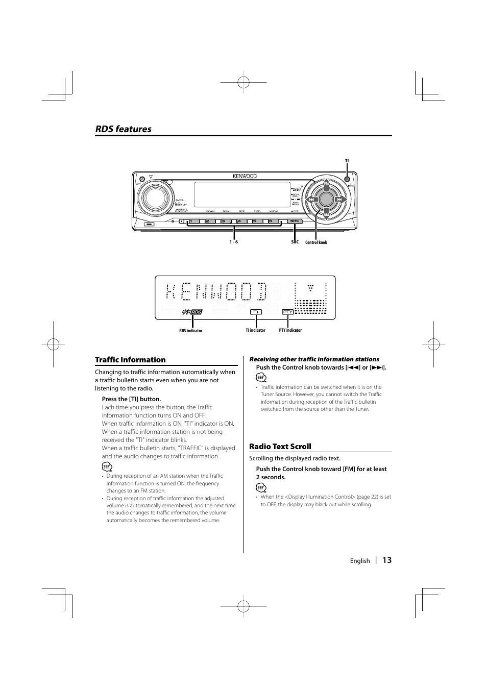 Rds features, Traffic information, Radio text scroll | Kenwood B64-3537-00/00 KDC-W5037Y User Manual | Page 13 / 36