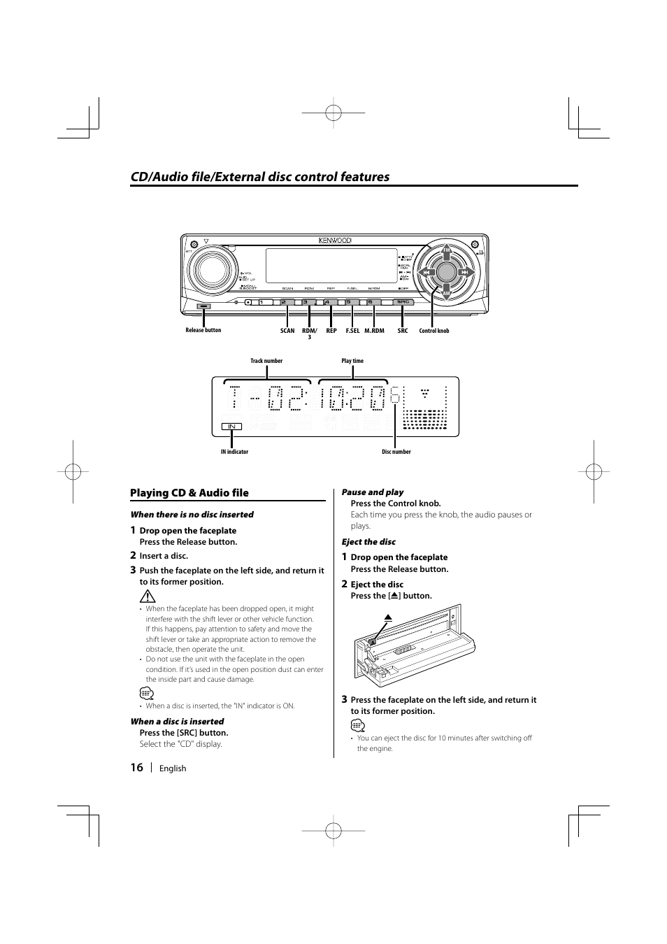 Cd/audio file/external disc control features, Playing cd & audio file | Kenwood B64-3537-00/00 KDC-W5037Y User Manual | Page 16 / 36