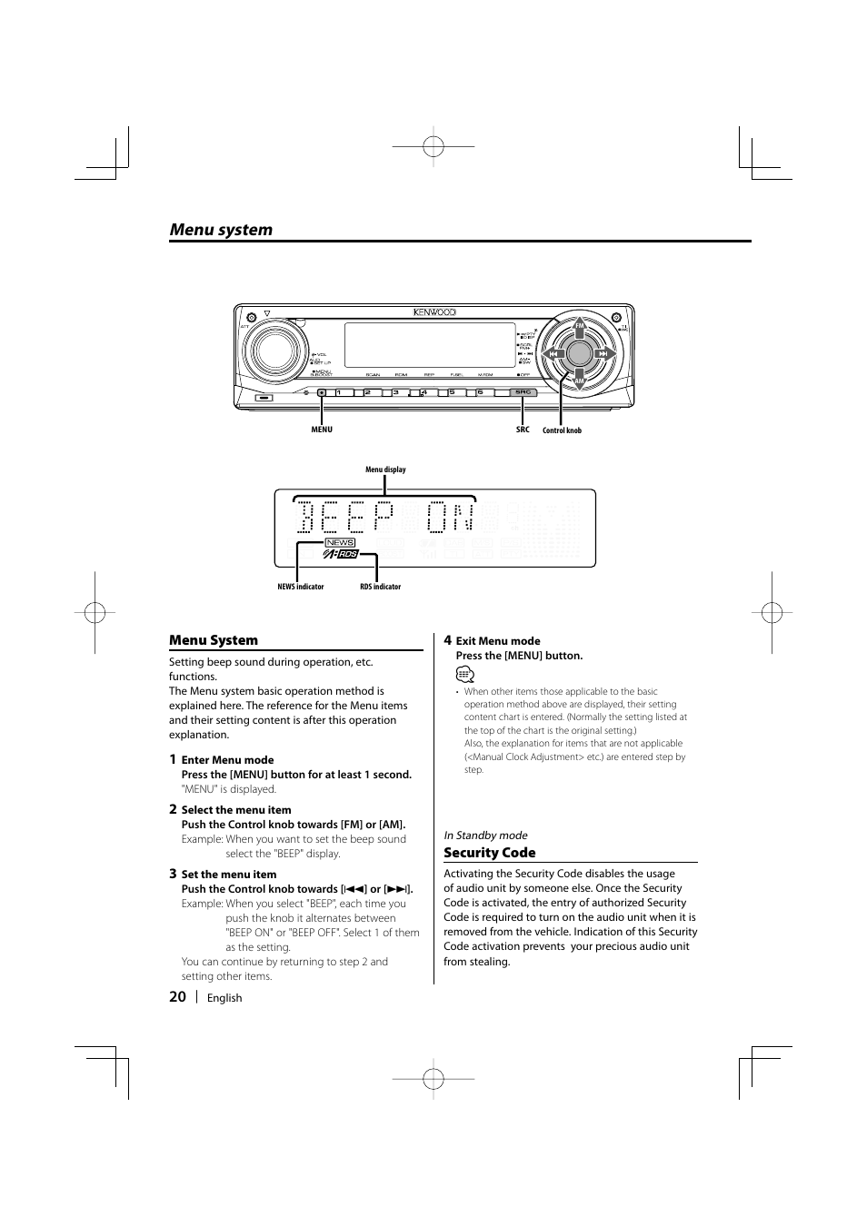 Menu system | Kenwood B64-3537-00/00 KDC-W5037Y User Manual | Page 20 / 36