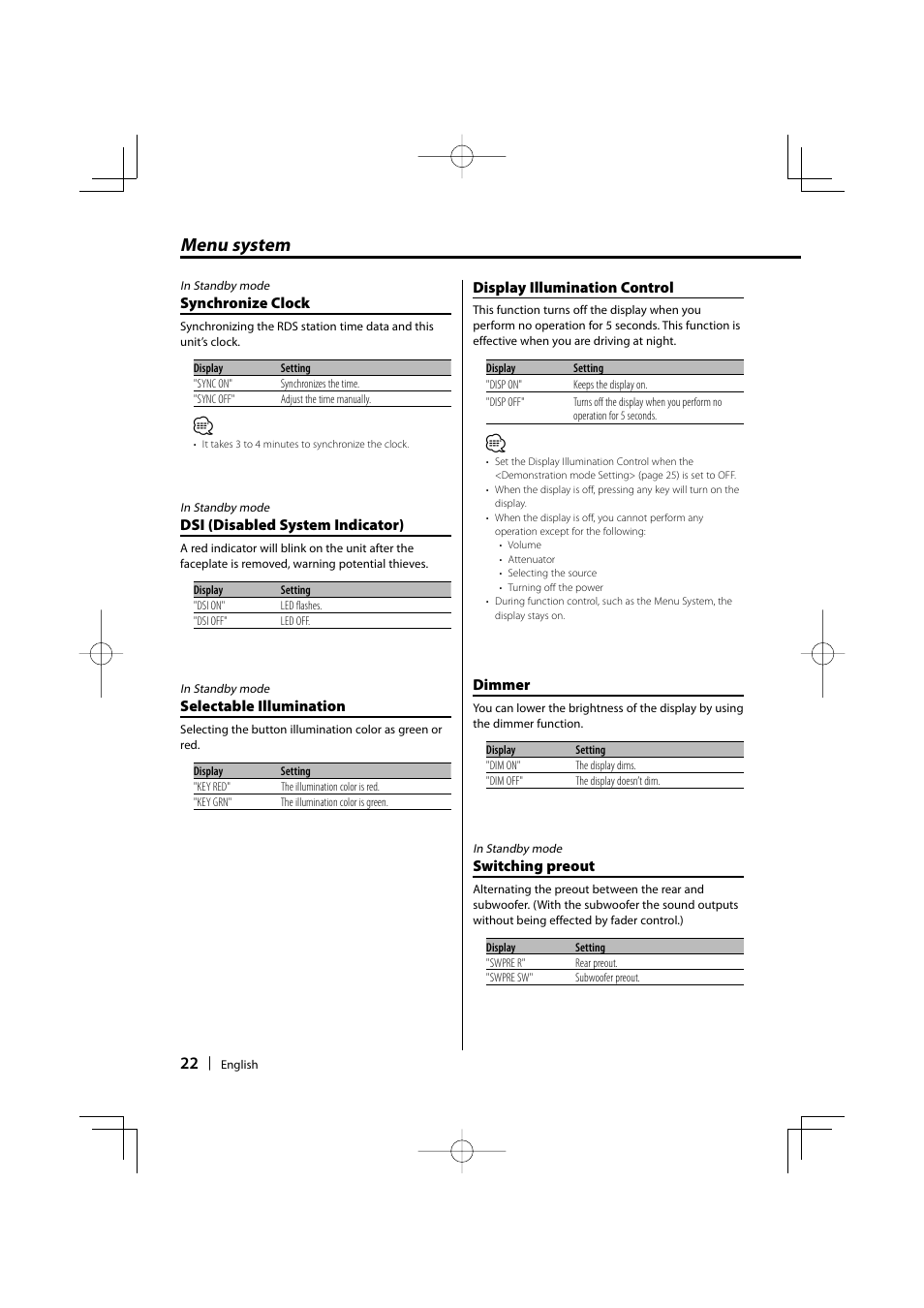 Menu system | Kenwood B64-3537-00/00 KDC-W5037Y User Manual | Page 22 / 36