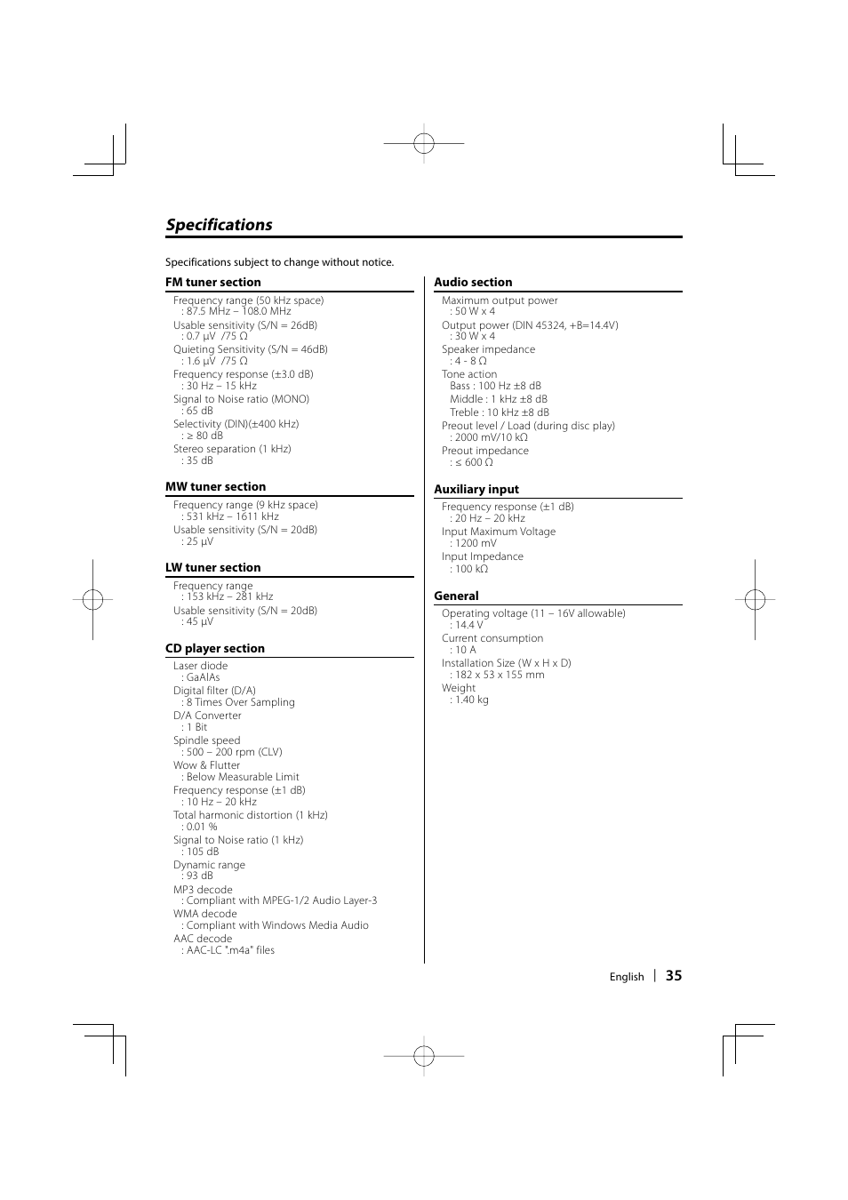 Specifications | Kenwood B64-3537-00/00 KDC-W5037Y User Manual | Page 35 / 36