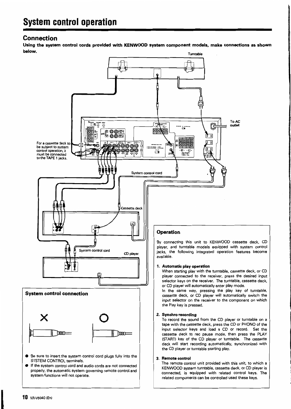 System control operation, Connection, System control connection | Kenwood B60-0763-00 User Manual | Page 10 / 24
