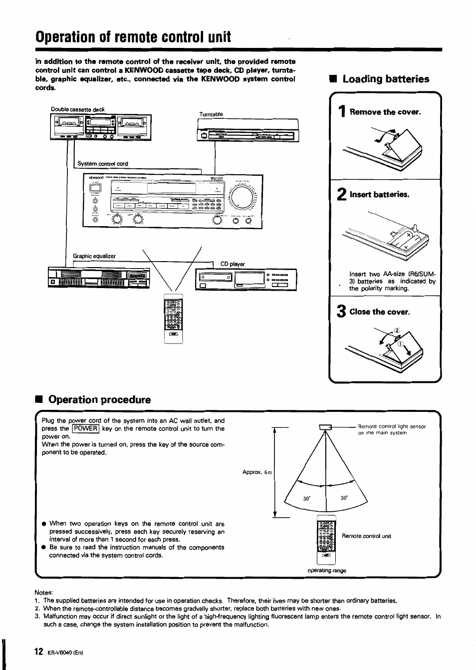 Operation of remote control unit, Operation procedure, Loading batteries operation procedure | Kenwood B60-0763-00 User Manual | Page 12 / 24