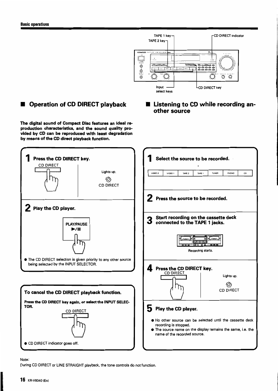 Operation of cd direct playback, Listening to cd while recording another source | Kenwood B60-0763-00 User Manual | Page 16 / 24