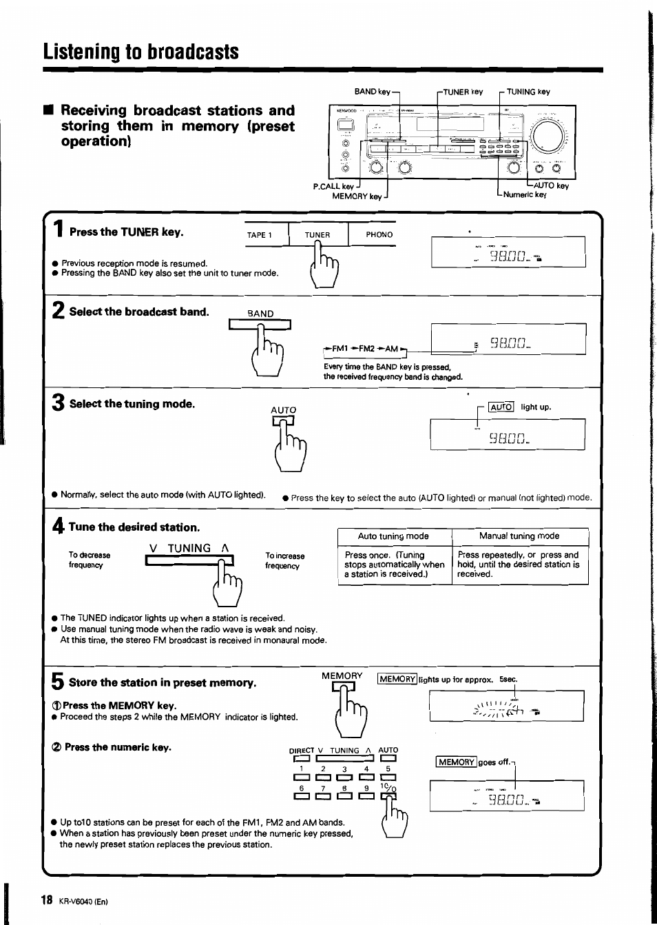 Listening to broadcasts, Press the tuner key, Select the broadcast band | 3 select the tuning mode, 4 tune the desired station, 5 store the station in preset memory, 0 press the memory key, 2) press the numeric key, V tuning a, Select the tuning mode | Kenwood B60-0763-00 User Manual | Page 18 / 24