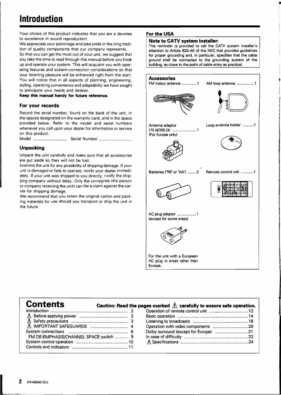 Introduction, For your records, Unpacking | Kenwood B60-0763-00 User Manual | Page 2 / 24