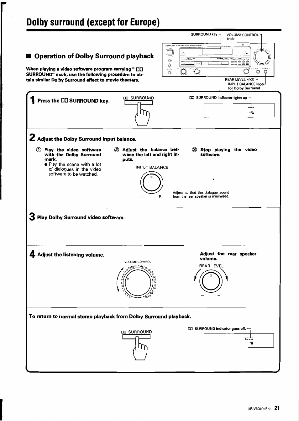 Dolby surround (except for europe), Operation of dolby surround playback | Kenwood B60-0763-00 User Manual | Page 21 / 24