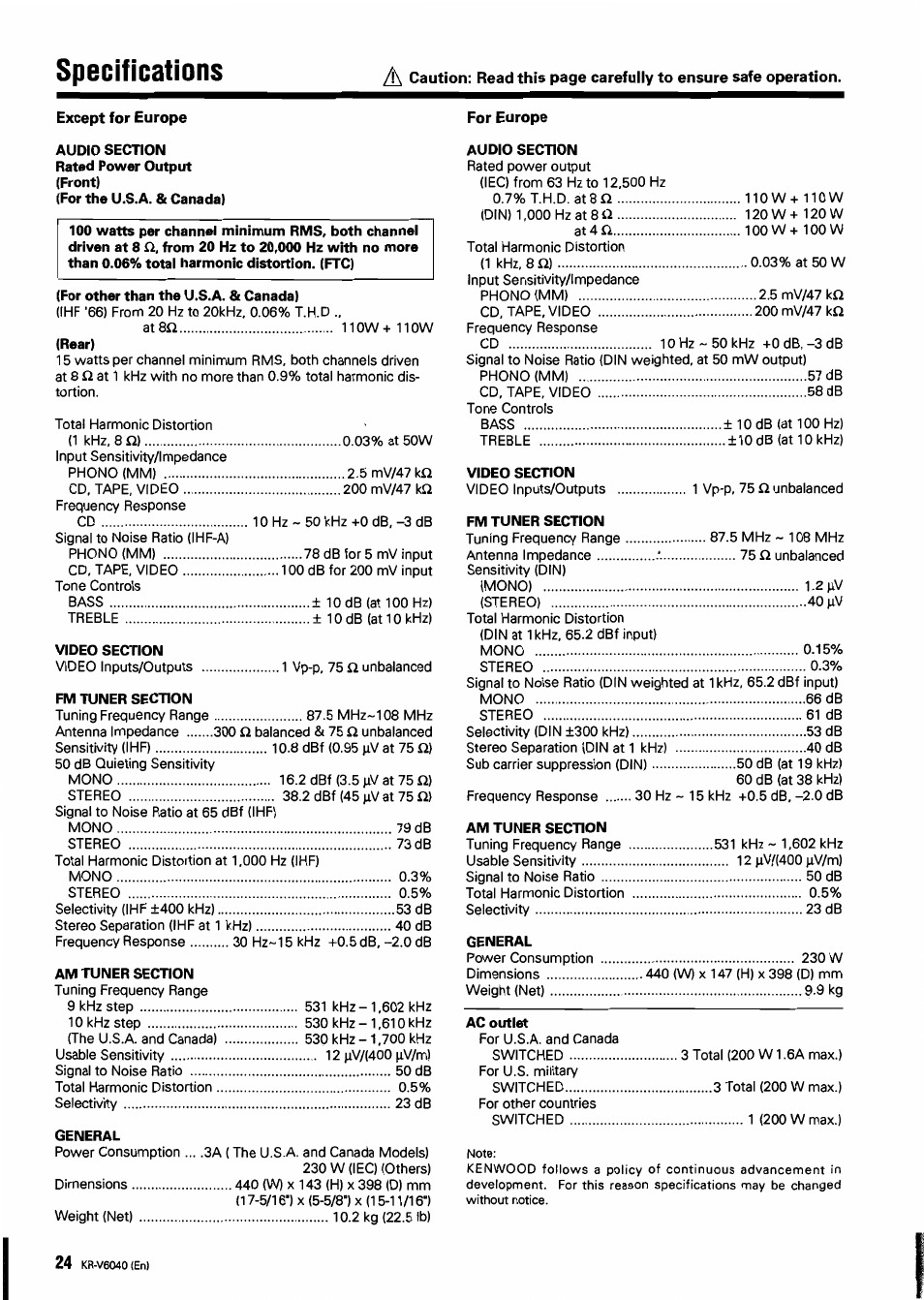 Except for europe, For other than the u.s.a. & canada), Video section | Fm tuner section, Am tuner section, General, For europe, Audio section, Ac outlet, Specifications | Kenwood B60-0763-00 User Manual | Page 24 / 24