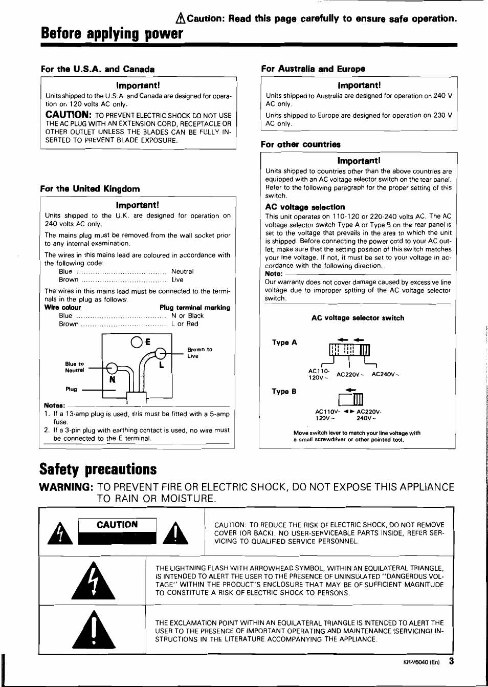 For the u.s.a. and canada, For the united kingdom, Important | For australia and europe, For other countries, Ac voltage selection, Before applying power, Safety precautions | Kenwood B60-0763-00 User Manual | Page 3 / 24