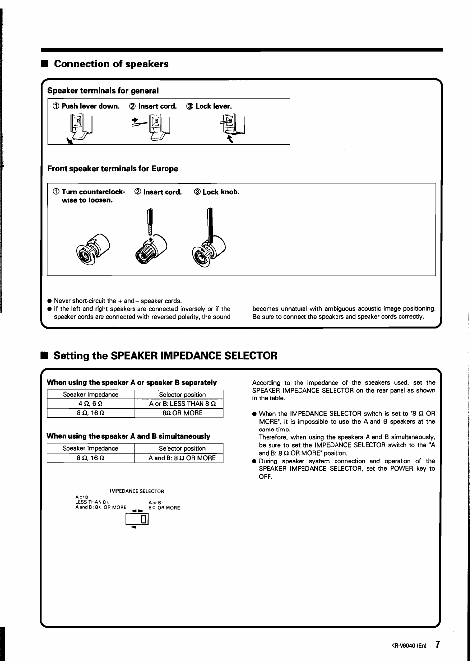 Connection of speakers, Speaker terminals for general, Front speaker terminals for europe | Setting the speaker impedance selector, When using the speaker a or speaker b separately, When using the speaker a and b simultaneously | Kenwood B60-0763-00 User Manual | Page 7 / 24