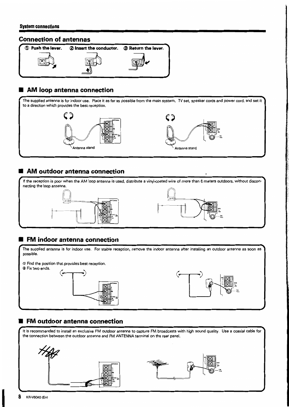 System connections, Connection of antennas, Am loop antenna connection | Am outdoor antenna connection, Fm indoor antenna connection, Fm outdoor antenna connection, Connection of antennas am loop antenna connection | Kenwood B60-0763-00 User Manual | Page 8 / 24