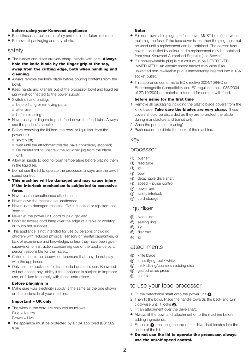 Safety, Key processor, Liquidiser | Attachments | Kenwood FP220 User Manual | Page 3 / 8