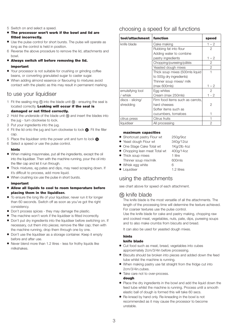 Choosing a speed for all functions, Using the attachments, Knife blade | Kenwood FP220 User Manual | Page 4 / 8