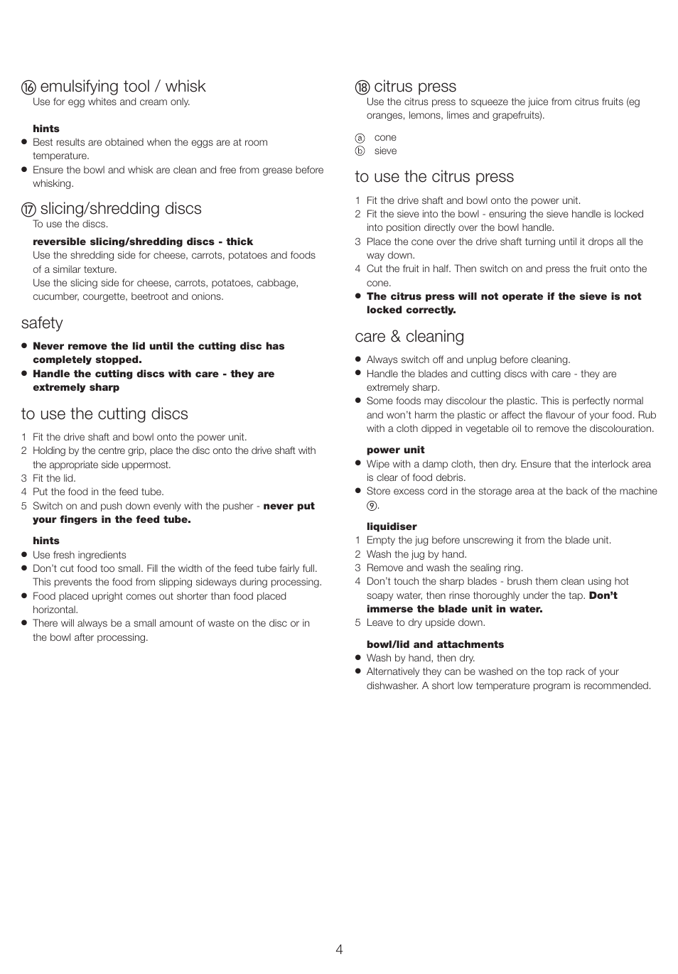 Emulsifying tool / whisk, Slicing/shredding discs, Safety | Citrus press, Care & cleaning | Kenwood FP220 User Manual | Page 5 / 8