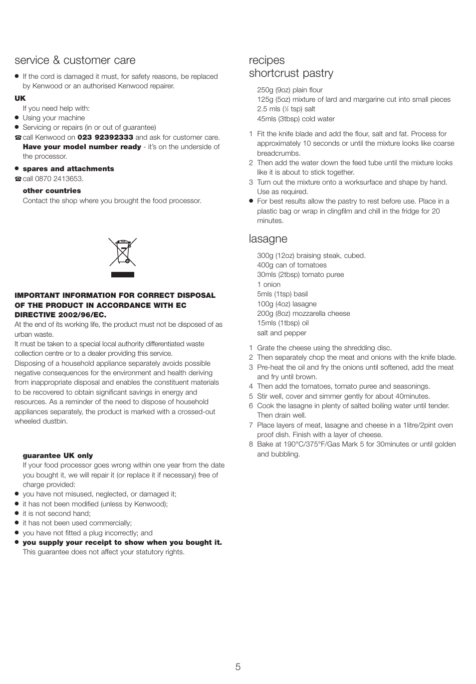 Service & customer care, Recipes shortcrust pastry, Lasagne | Kenwood FP220 User Manual | Page 6 / 8