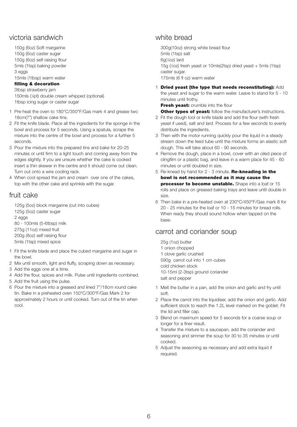 Victoria sandwich, Fruit cake, White bread | Carrot and coriander soup | Kenwood FP220 User Manual | Page 7 / 8