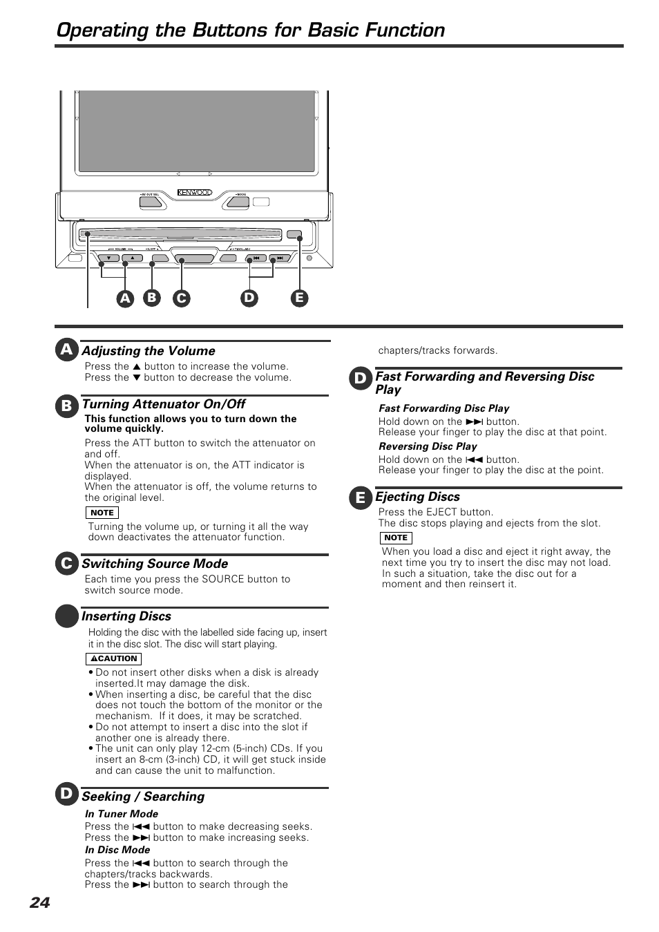 Operating the buttons for basic function, 24 a, Fast forwarding and reversing disc play | Ejecting discs, Adjusting the volume, Turning attenuator on/off, Switching source mode, Inserting discs, Seeking / searching, Ba c d e | Kenwood KVT-920DVD User Manual | Page 24 / 68