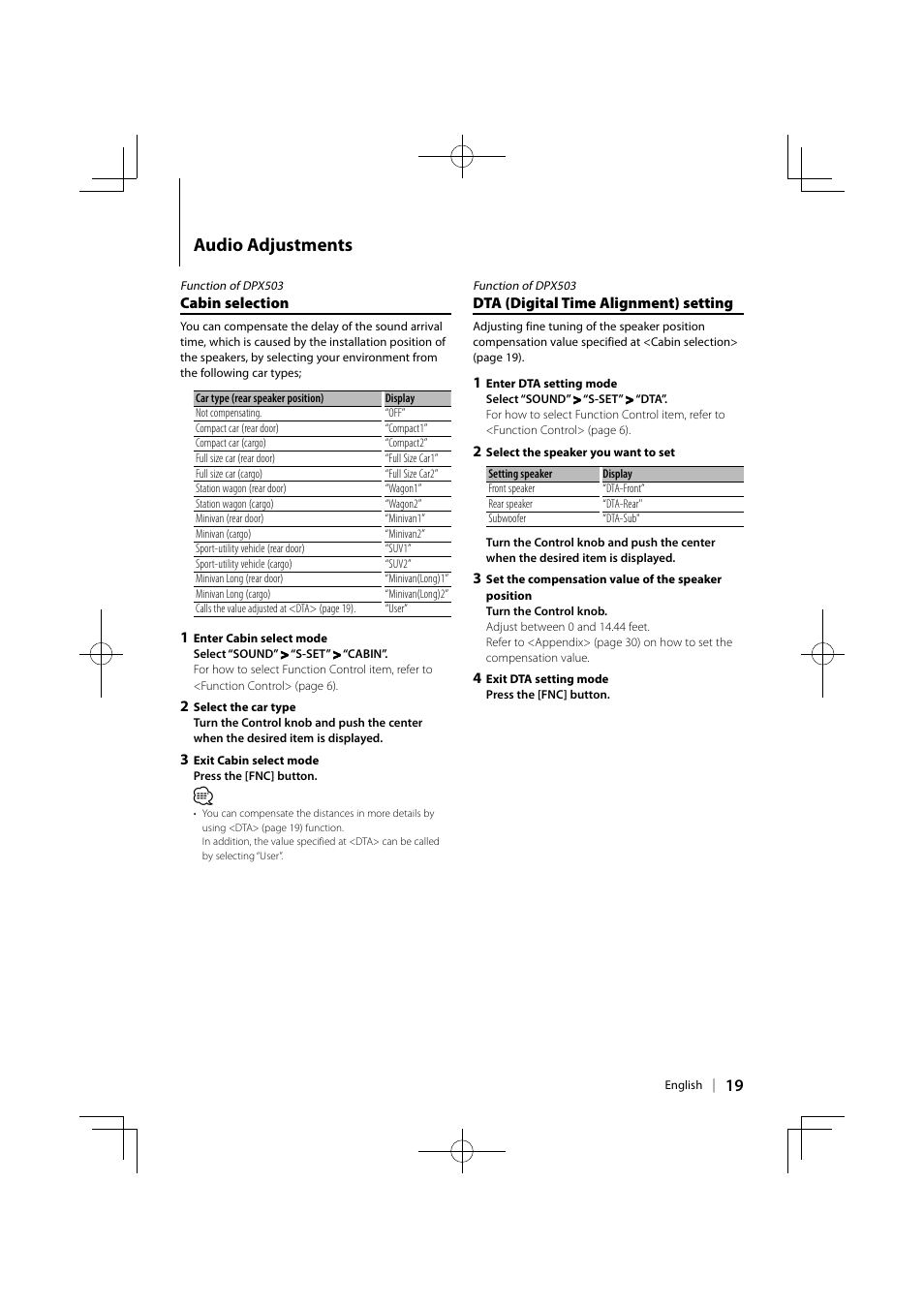 Audio adjustments | Kenwood DPX503 User Manual | Page 19 / 112