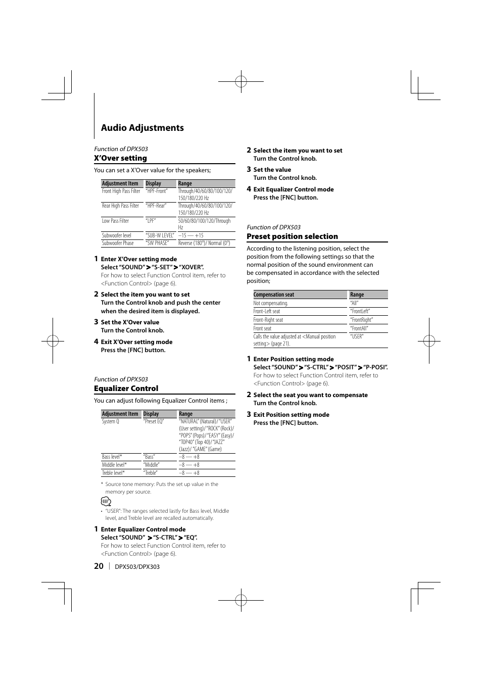 Audio adjustments | Kenwood DPX503 User Manual | Page 20 / 112